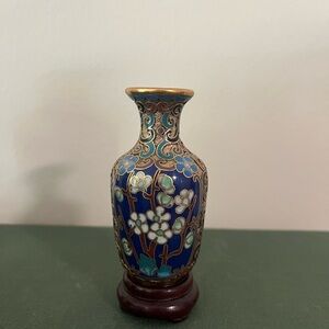 Elegant Dark Blue Cloisonné Vase with Floral Design